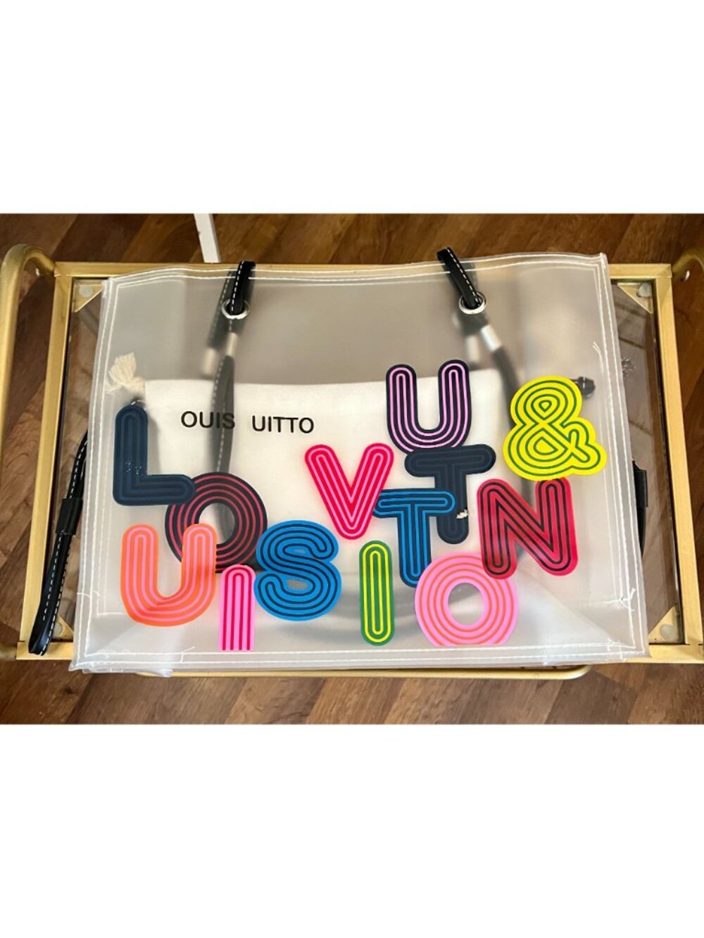 Clear Tote Bag With White Drawstring Pouch & Colorful Lettering Design - Picture 2 of 4